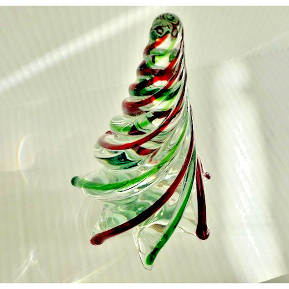 Blown Art Glass Christmas Tree ~ Clear Red & Green Swirl Twisted ~ 8” New - Picture 10 of 14
